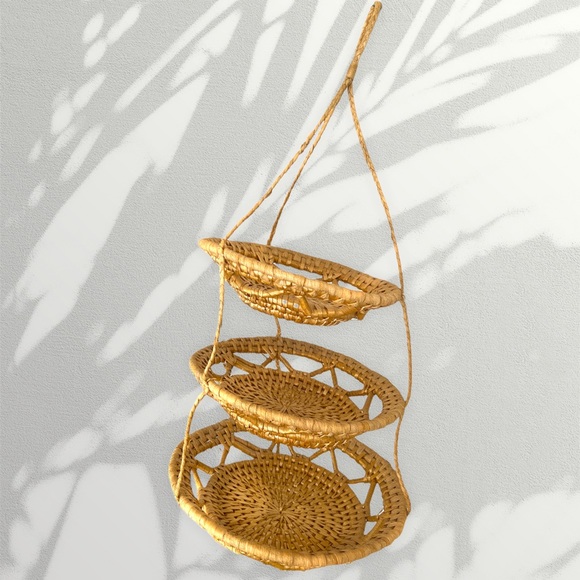 Vintage Other - Vintage Boho Rattan Tiered Hanging Fruit Basket